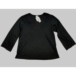 Natori Congo Pajama‎ Top Womens Large Black Loungewear Lace Long Sleeve Pj Shirt